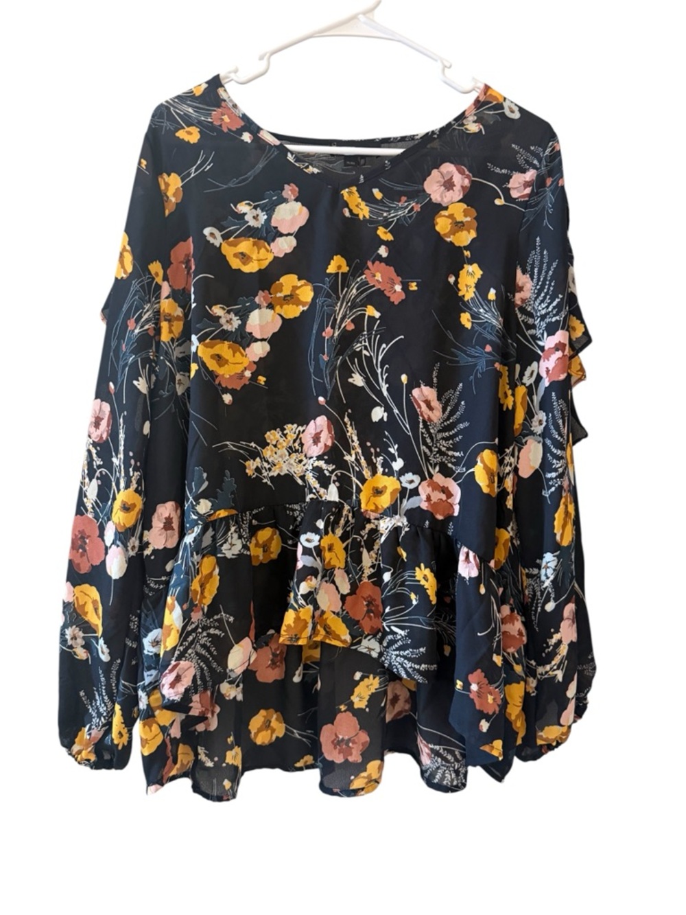 Buffalo XL Boho Floral Ruffle Blouse Flowy‎ Peplum Slit Sleeve Cottagecore Top